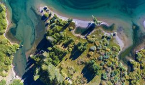 Aerial view of lakeshore.