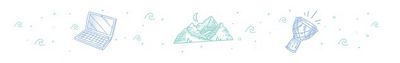 illustrations of a computer, a mountain and a drum.