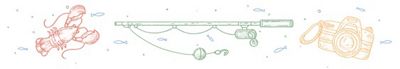 illustrations of a lobster, fishing pole and a camera.