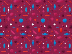 a pattern of abstract shapes representing microscopic organisms in reds, maroons, and blues