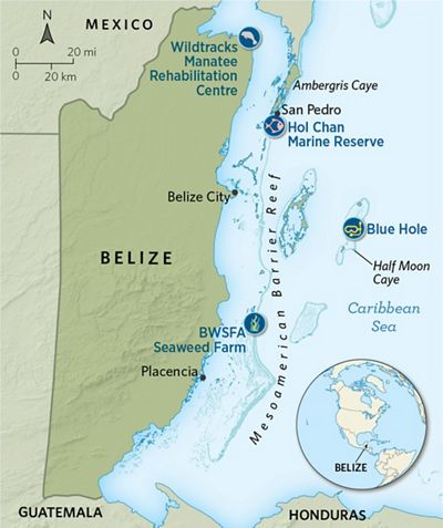 A map of Belize shows offshore conservation projects.