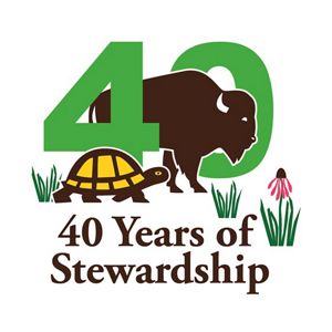 Logo showing a bison, turtle, and purple flower with a large numeral 40 and the words "40 Years of Stewardship." 