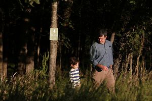 A man and child walking along a trail.