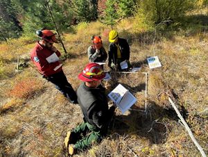 A wildland fire crew of four men measure fuels of grass and sticks in a 1-meter square near San Juan, Colorado.