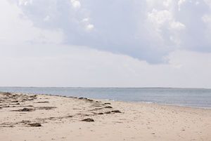 A wide sandy beach extends into the calm water of a shallow coastal bay.