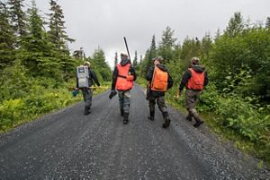 Four people wearing orange safety vests and carrying equipment walk down a dirt road in a forest.