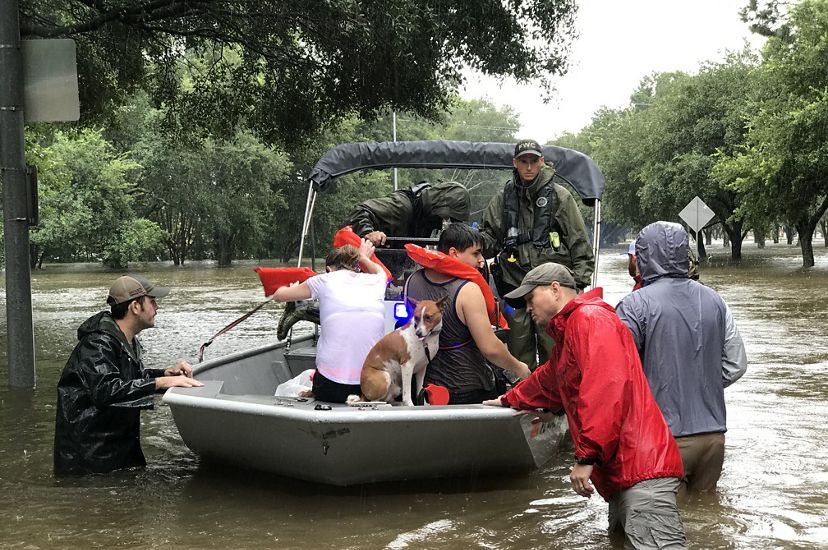 A man, woman and a dog sit in a rescue boat as emergency responders stand in waist-deep floodwaters in the outskirts of Houston during Hurricane Harvey.