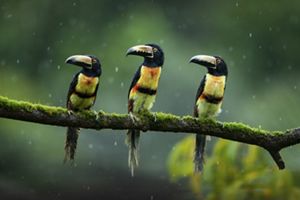 Three colorful parrot-like birds sit on a branch in a forest in the rain.