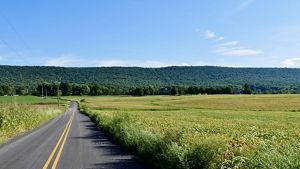 A two-lane blacktop road stretches into the distance between green fields. A heavily forested mountain rises in the background.