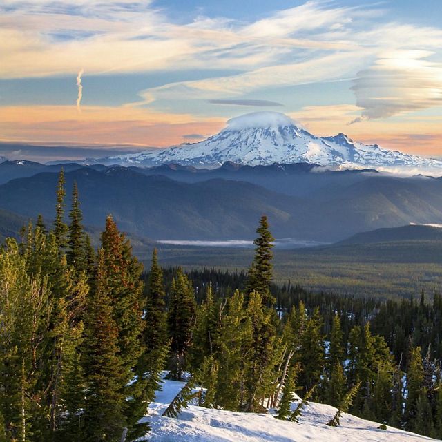 Mt. Rainier and Little Tahoma Peak are seen at sunrise with massive lenticular clouds above them - photographed from Mt. Adams.