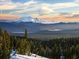 Mt. Rainier and Little Tahoma Peak are seen at sunrise with massive lenticular clouds above them - photographed from Mt. Adams.