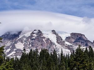 Laderas rocosas del Monte Rainier con glaciares y árboles.