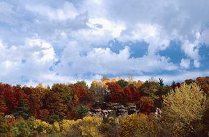 A rocky bluff stands out among the red, yellow and orange leaves on the trees at Ableman’s Gorge with blue sky and puffy white clouds overhead.