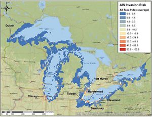 A map of the Great Lakes with dark blue spots along the shores to indicate high risk entry points for invasive species. 