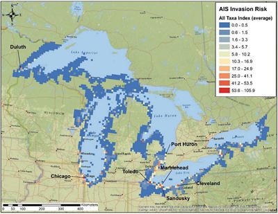 A map showing the risk levels of potential non-native species introduction in the Great Lakes region.
