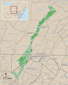 A topographic map of the Eastern US showing a green band extending from West Virginia, through Maryland, and in to Pennsylvania.