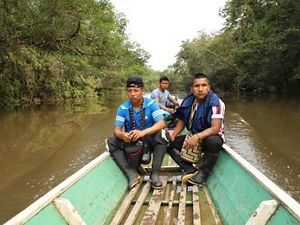 Three men from an Indigenous community in the Amazon rainforest are in the stern of a boat, travelling upriver.