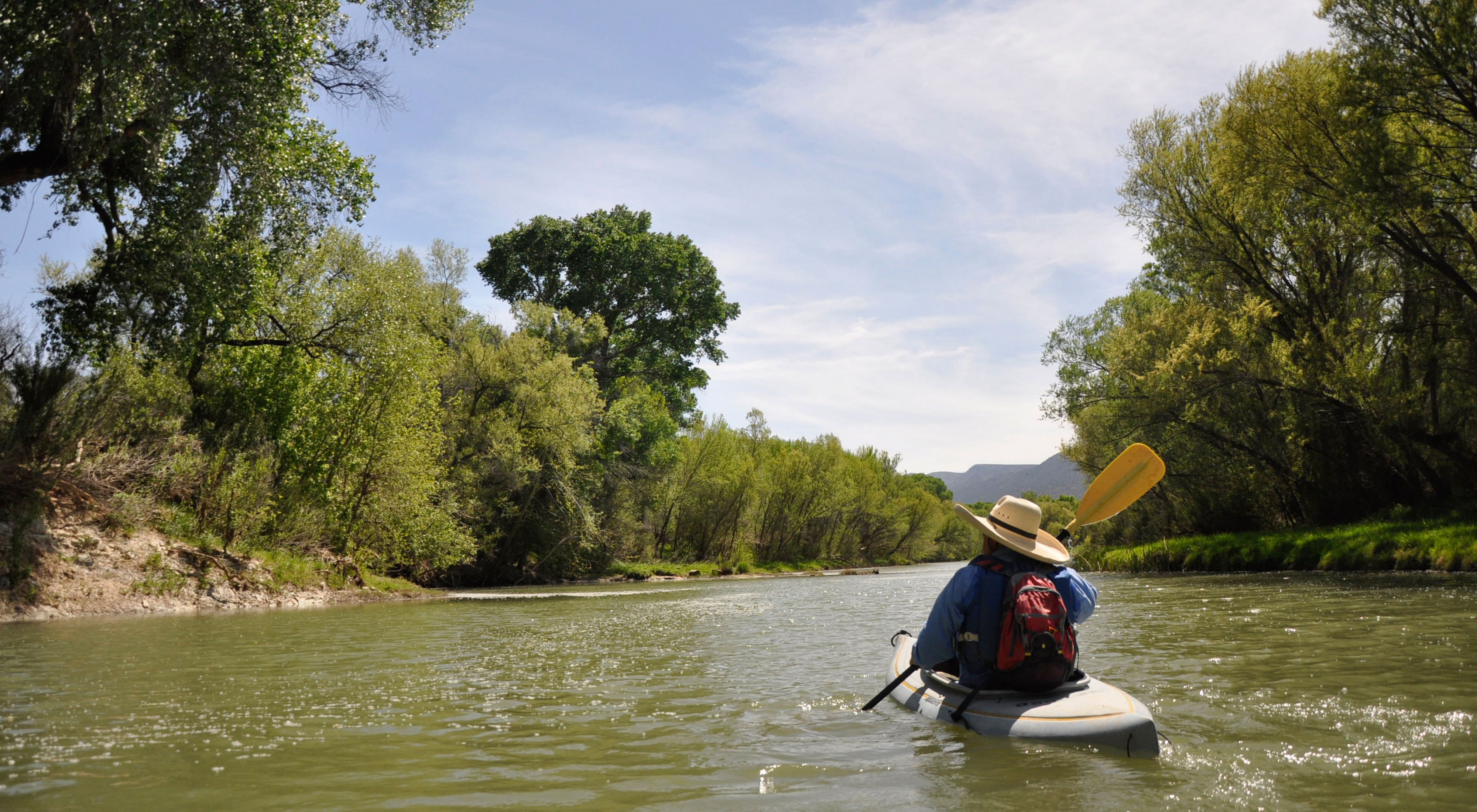 A person paddles down a river in a kayak