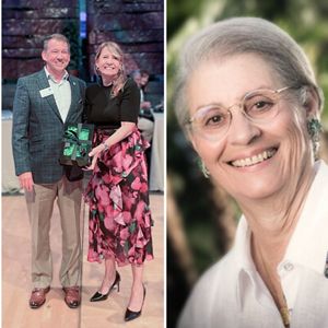 Two images side by side; on the left, two people hold a box with an award in it; on the right, a portrait of Doña Pirigua.