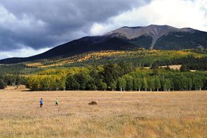 View of two people in the distance walking through a grassy area with mountains.