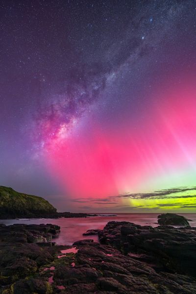 Captured during a once in a lifetime solar storm in May 2024, Lady Aurora danced over the waters of Flinders blowhole.
