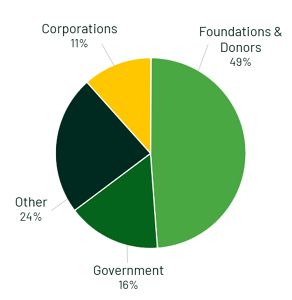 This pie chart shows revenue sources for fiscal year 2025. Foundations and donors accounted for 49 percent of revenue; government, 16 percent; corporations, 11 percent; and other sources, 24 percent.