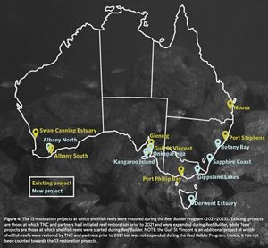 An outline map of Australia with all restoration projects listed