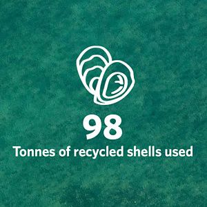 Icon showing oyster shells, 98 tonnes of recycled shells used