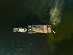 Aerial. view of the construction of shellfish reefs in the Swan-Canning Estuary