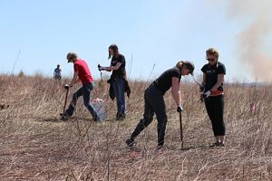 Volunteers dig holes to plant trees on a dusty prairie. 