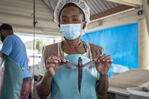 Foto de una mujer con un delantal sosteniendo un pez.