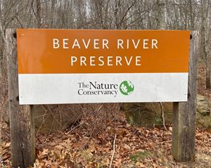 Rectangular orange and white metal sign mounted on wood posts bearing the words Beaver River Preserve and the The Nature Conservancy logo.