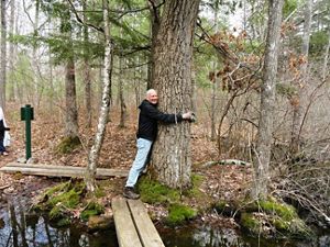 An older man hugs a large tree in the woods.
