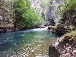 The Bistrica River flows through a high-walled canyon.