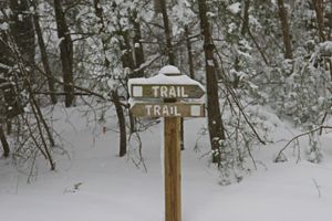 A wooden trail marker sign covered in snow.