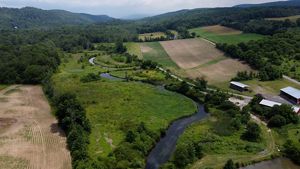 An aerial view of a parcel of land containing large fields, grass and lush green trees. A winding stream flows through the center of the fields.