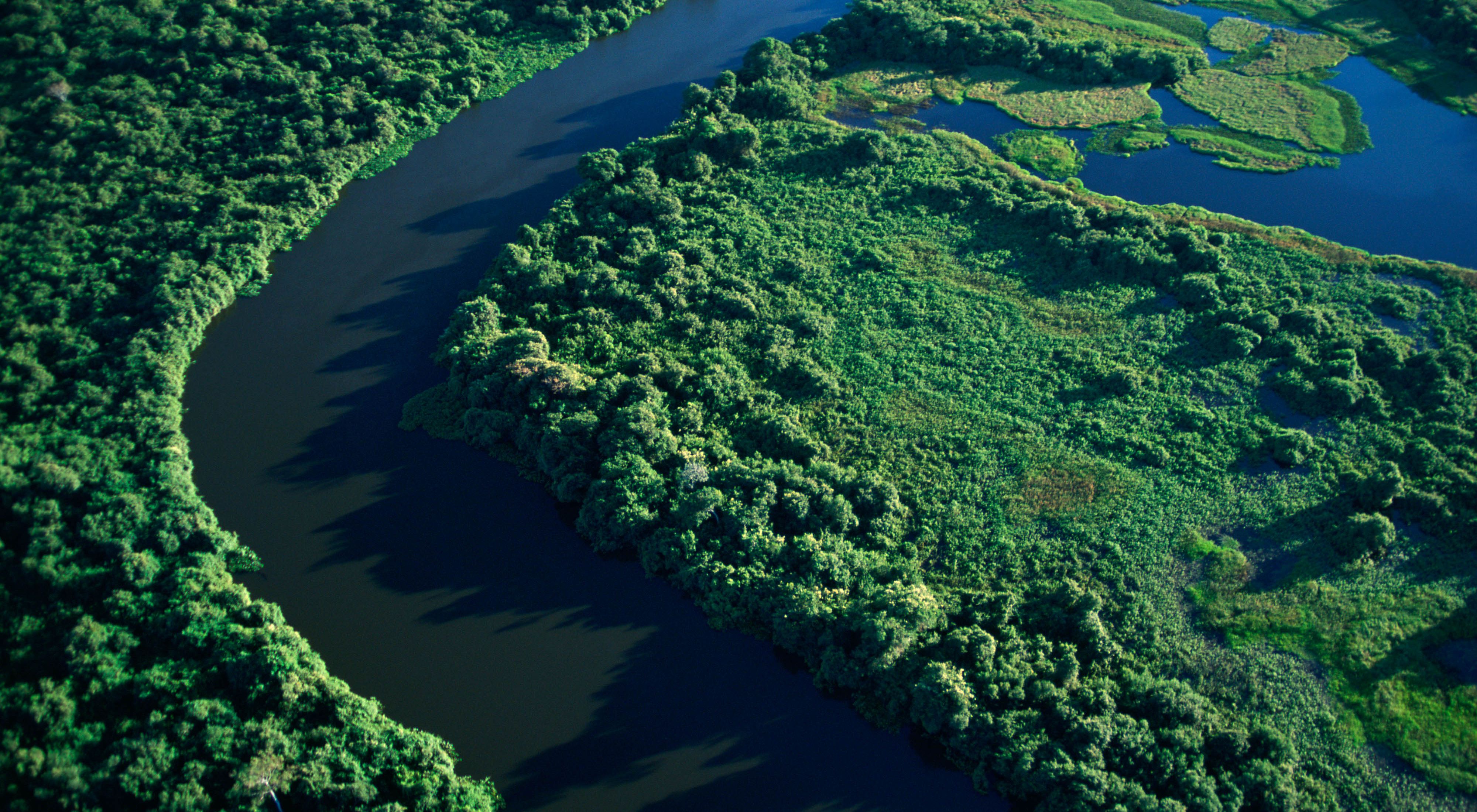Aerial view of Cuiab River crossing the Pantanal National Park in Brazil.