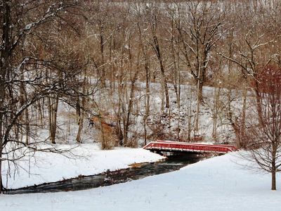 A narrow creek bends between snow covered banks. A red foot bridge spans the water. Tall leafless trees grow along the sides of the creek.