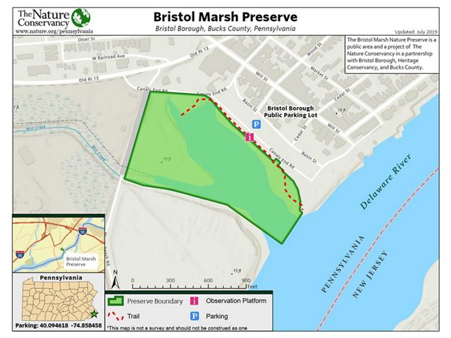 Bristol Marsh Nature Preserve map, with the preserve boundary outlined in green.