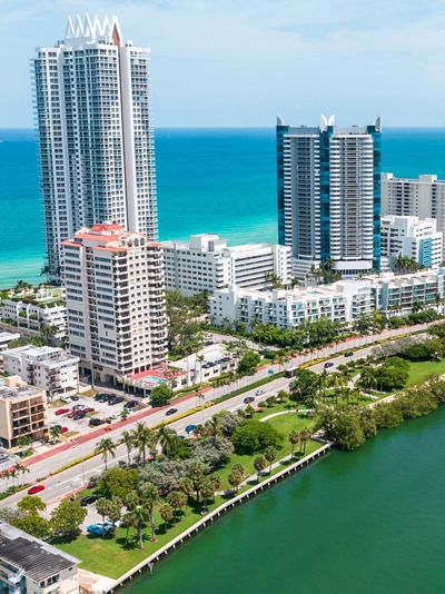 Aerial view of Brittany Bay Park in Miami Beach, Florida, and the high-rises that stand across from the park.