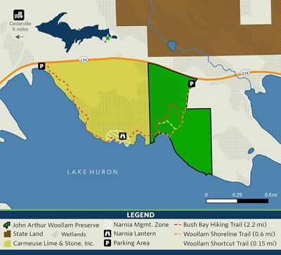 A map of the Bush Bay Trail, including the different trail portions and clear land ownership.