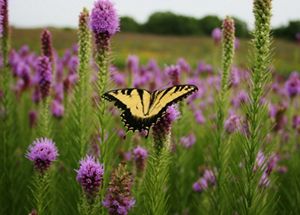 A yellow butterfly sits on a purple blazing star flower.