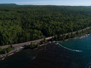 Aerial view of Highway 61 along the shore of Lake Superior in Minnesota.