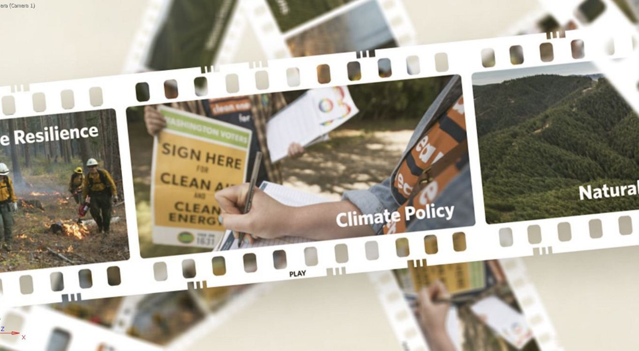 A filmstrip shows different photos of people working to fight climate change.