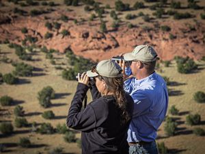 Two people looking into a canyon through binoculars.