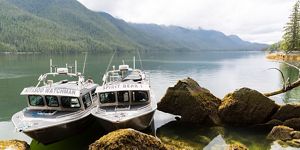 Two boats in a costal inlet surrounded by tree-covered hills.