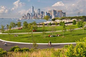 Aerial view of the Manhattan skyline from Governors Island in the New York Harbor.
