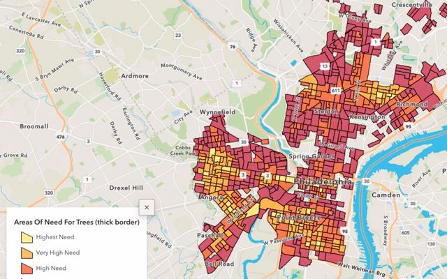 A map showing areas of high heat in Philadelphia in red.