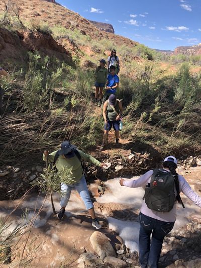 Six people hiking through a mountainous area with two of them helping each other cross a stream.