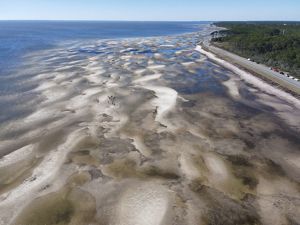 Coastal area with a road along the beach.